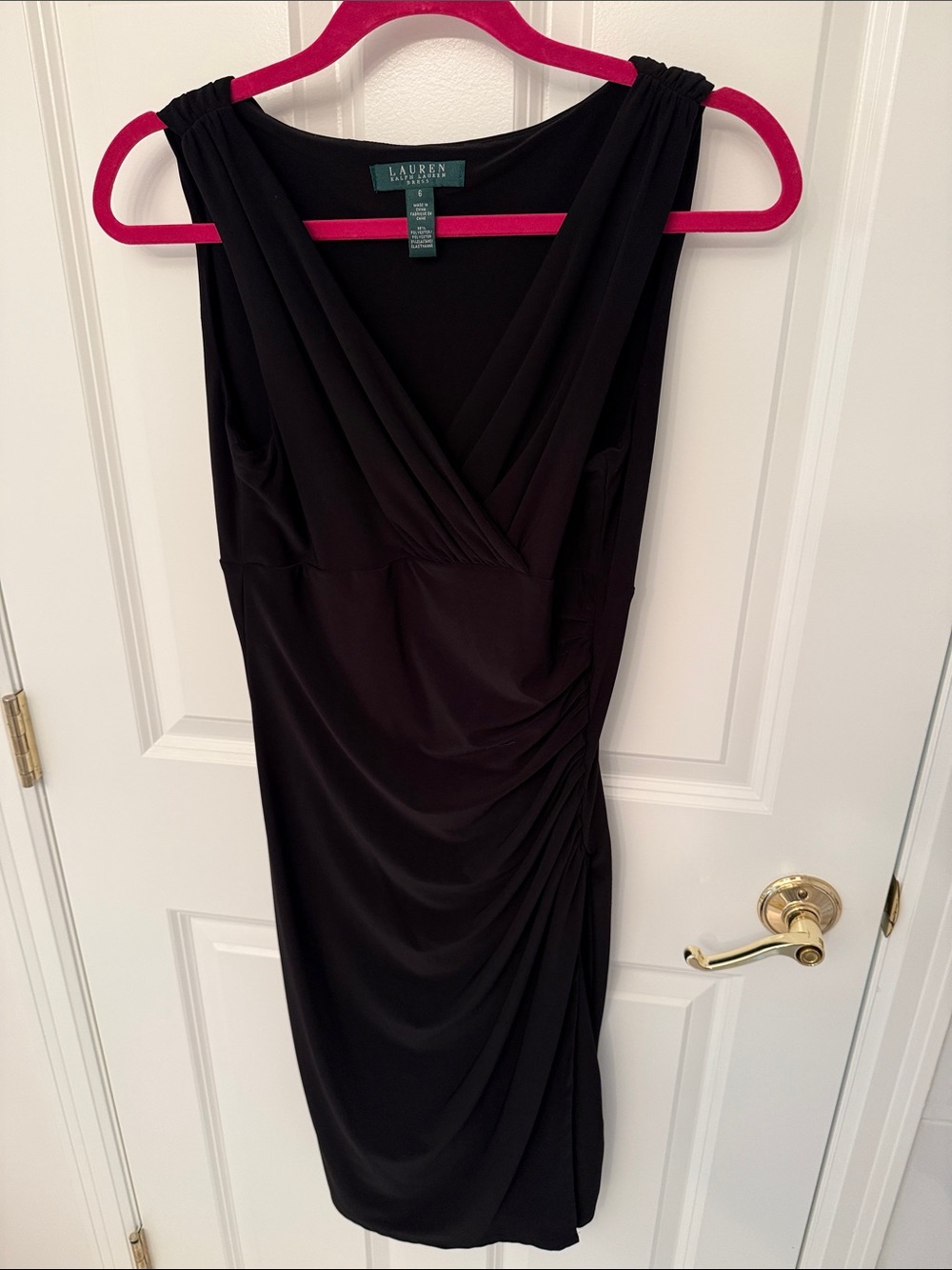Ralph Lauren Black Sleeveless V-Neck Ruched Dress